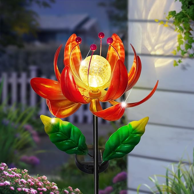 Solar Lights Outdoor Wind Spinners, Metal Lotus Flower Garden Decor with Waterproof LED Crackle Glass Globe for Patio Lawn Yard Outdoor Decor-VerdiqueGarden
