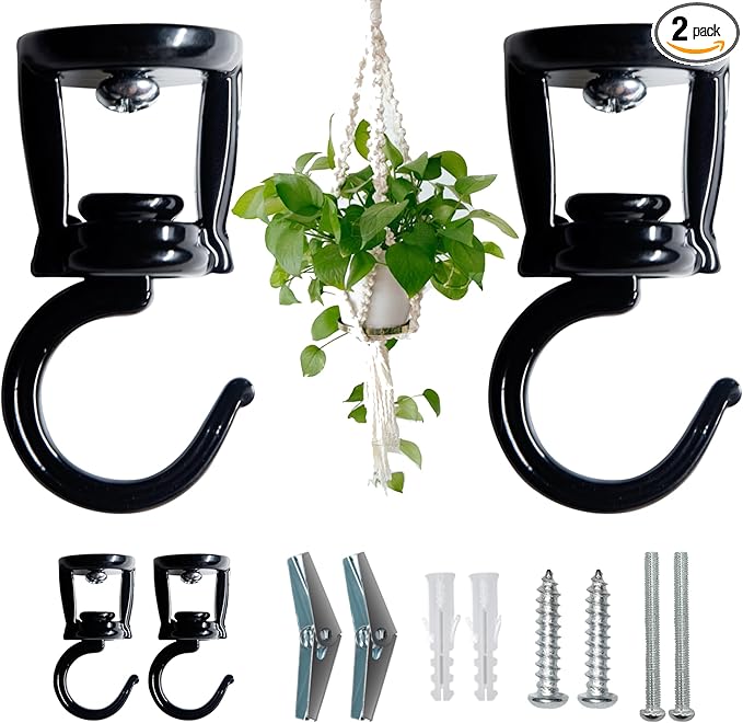 Ceiling Hooks for Hanging Plants (2 PCS Black),Heavy Duty Metal Plant Hooks, Screw in Hooks for Hanging Birdfeeders, Lamps, Planters, Outdoor Decorative Hooks up to 33 lbs-VerdiqueGarden