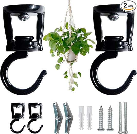 Ceiling Hooks for Hanging Plants (2 PCS Black),Heavy Duty Metal Plant Hooks, Screw in Hooks for Hanging Birdfeeders, Lamps, Planters, Outdoor Decorative Hooks up to 33 lbs-VerdiqueGarden