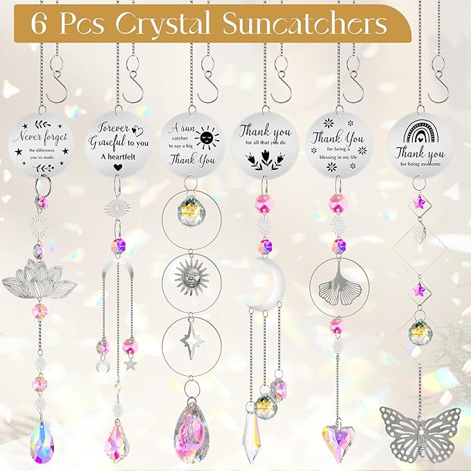 6 Pcs Thank You Gifts for Women Crystal Suncatcher Thank You with Engraved Message Hanging Sun Catcher Ornament for Windows Friend Teacher Coworkers Appreciation Christmas Gratitude Gift-VerdiqueGarden