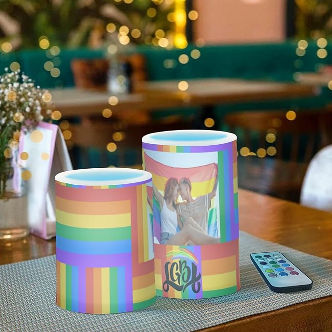 Vdsrup Flameless Candles Set of 2 LGBT Custom LED Candles with Timer Battery Operated Personalized Candle Lights Flickering with Remote for Home Bedroom Decor-VerdiqueGarden