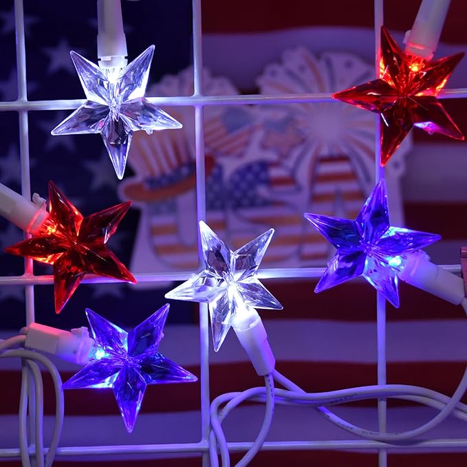 100 LED Red White and Blue Star Lights, 37FT 4th of July Star String Lights Plug in for Home Patio Garden Yard Memorial Day Independence Day Patriotic Decorations Outdoor, White Wire-VerdiqueGarden