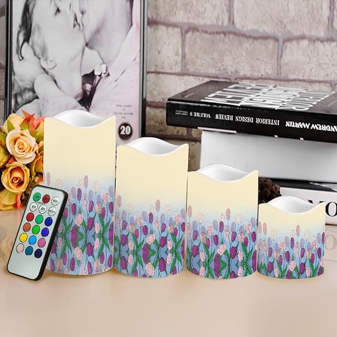 Ystardream Purple Tulips Flameless Candles with Timer Led Candles Flickering 4 Candle Sets for Home Decor,18 Key Remote Control，Dancing Flame, True Wax, Battery Power-VerdiqueGarden