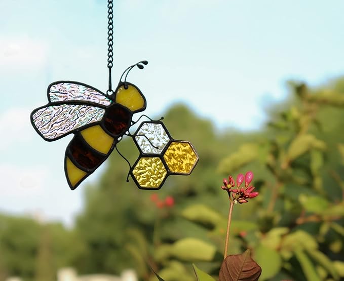 Bee On Honeycomb Stained Glass Window Hangings, Bee Suncatcher Garden Bee Decor Bee Gift for Mom Women-VerdiqueGarden