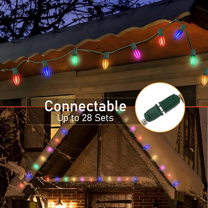 C9 LED Christmas Lights Outdoor,25FT Multicolored Christmas Lights with 26 Colorful Clear Multicolor LED Bulbs,Connectable Old Fashioned Christmas Lights for Garden Patio Xmas Tree Party Home Decor-VerdiqueGarden
