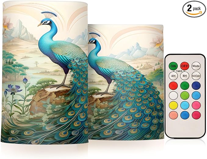 Flickering Flameless Candles, Peacock Garden LED Candles with Remote Timer, Set of 2 Battery Operated Candle for Valentine Wedding Birthday-VerdiqueGarden