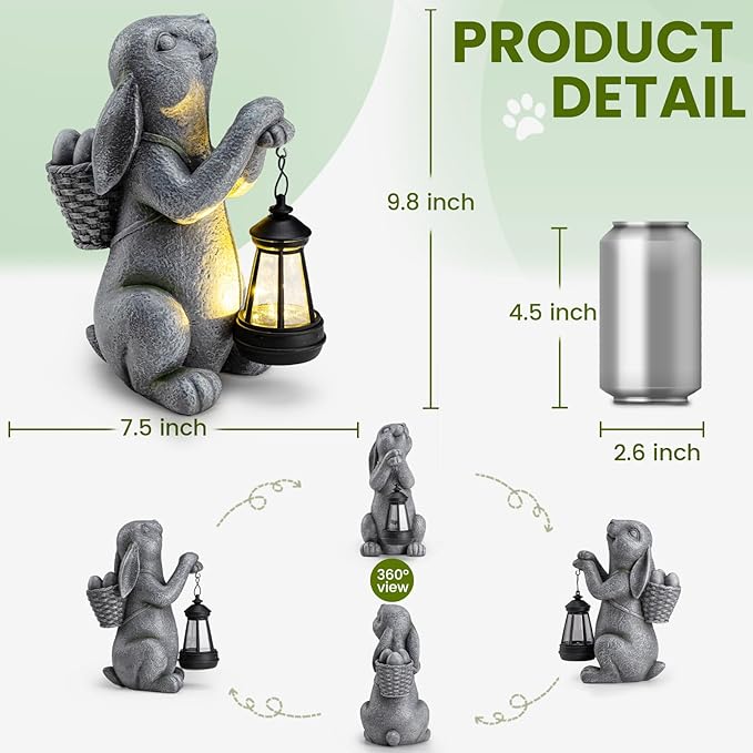 Solar Garden Outdoor Statues Rabbit with Solar Lantern,Outdoor Bunny Figurines Decorations,Lawn Decor Bunny Statue for Patio, Balcony, Yard Ornament,Unique Housewarming and Easter Gifts-VerdiqueGarden