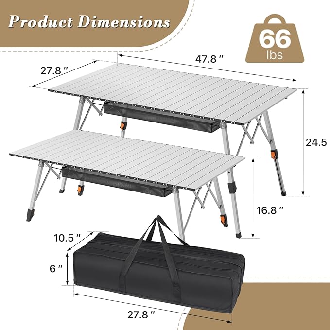 Athena Collection Foldable Camping Table, 47" Aluminum Outdoor Folding Camp Table with Mesh Layer Telescopic Legs and Carry Bag, Lightweight and Portable for Outdoor Camping Picnic Grilling, Silver-VerdiqueGarden