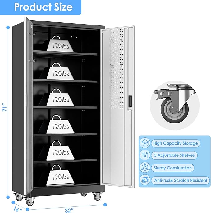 Metal Garage Storage Cabinet with Wheels & Pegboard, Lockable Metal Storage Cabinets with 2 Doors&5 Adjustable Shelves for Garage&Home,Assembly Required,Black Gray 71''H x32''W x16''D-VerdiqueGarden