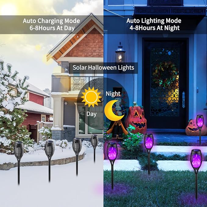 8Pack Halloween Decorations Outdoor, Halloween Solar Lights with Purple Flame for Halloween Decor, Waterproof Halloween Lights Outdoor, Solar Pathway Lights for Lawn Outside Halloween Yard Decorations-VerdiqueGarden