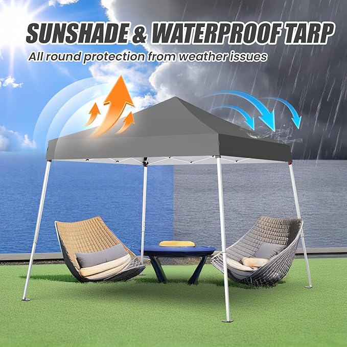 10x10 Pop Up Canopy, 300D Silver Coated Grey Fabric Outdoor Gazebo, Beach Tent Slant Legs with Storage Bag,Easy Up Sun Shade Shelter Tents with 8x8 Top Cover for Patio,Party-VerdiqueGarden
