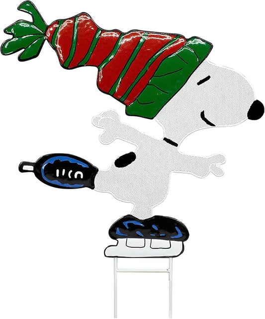 Peanuts Gang Around The Tree Christmas Yard Art Outdoor Christmas Decor Hammered Metal (18'' Mesh Snoopy Ice Skating), Multicolor, 18'' wide x 32'' high-VerdiqueGarden