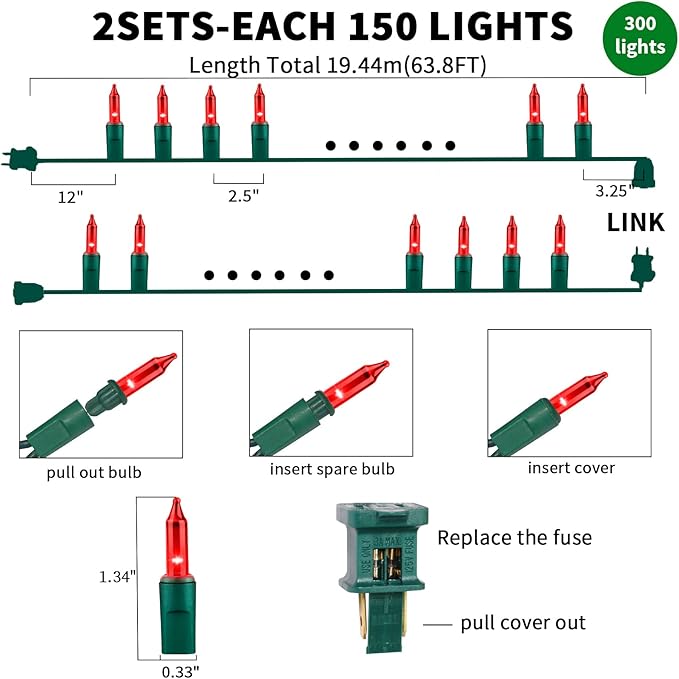 Ultra-Bright Connects End to End Red Christmas Mini Lights 300L 63.8Ft(2Sets-Each 150L)UL Listed Incandescent Bulb String Light for Indoor Outdoor Holiday Garden Party Christmas Tree Decor-VerdiqueGarden