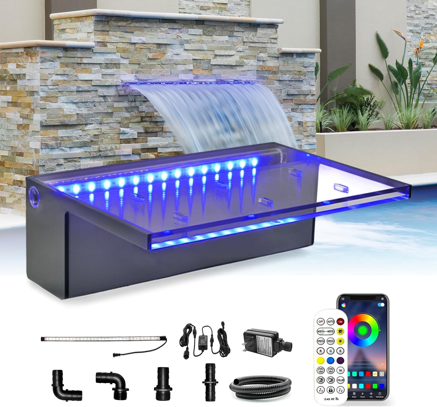 LONGRUN Waterfall Spillway APP Control Multi-Color LED Light Outdoor Pool Fountain, Acrylic Water Spillway Koi Pond Waterfalls Fountains Kit for Garden Patio Swimming Pool Decoration-11.8"-VerdiqueGarden