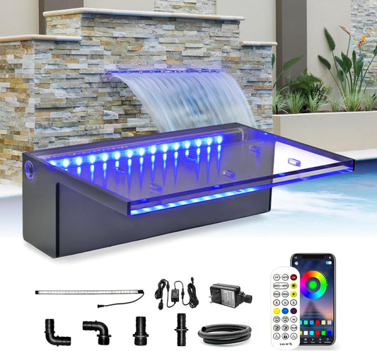 LONGRUN Waterfall Spillway APP Control Multi-Color LED Light Outdoor Pool Fountain, Acrylic Water Spillway Koi Pond Waterfalls Fountains Kit for Garden Patio Swimming Pool Decoration-11.8"-VerdiqueGarden