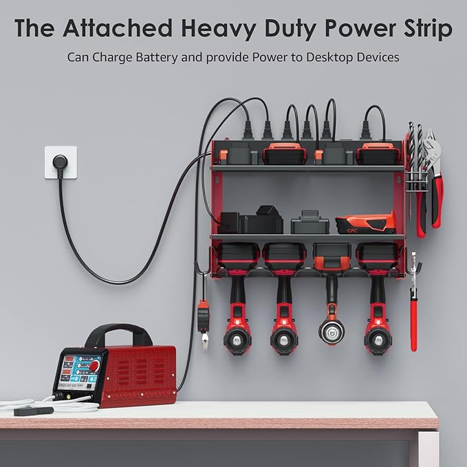 CCCEI Set Power Tool Organizer Wall Mount with Charging Station. Garage 8 Drills Storage Shelf with Hooks, Screwdriver, Drill Bit Heavy Duty Rack, Tool Battery Holder Built in 8 Outlet Power Strip.-VerdiqueGarden