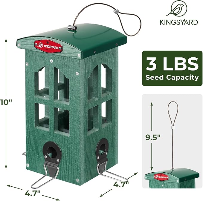 Kingsyard Upgraded Rainproof Bird Feeder for Outdoor Hanging - Metal Feeding Port, Recycled Plastic Wild Bird Feeder with Metal Mesh Tray for Goldfinch Small Bird, Garden Yard Decoration, Green-VerdiqueGarden