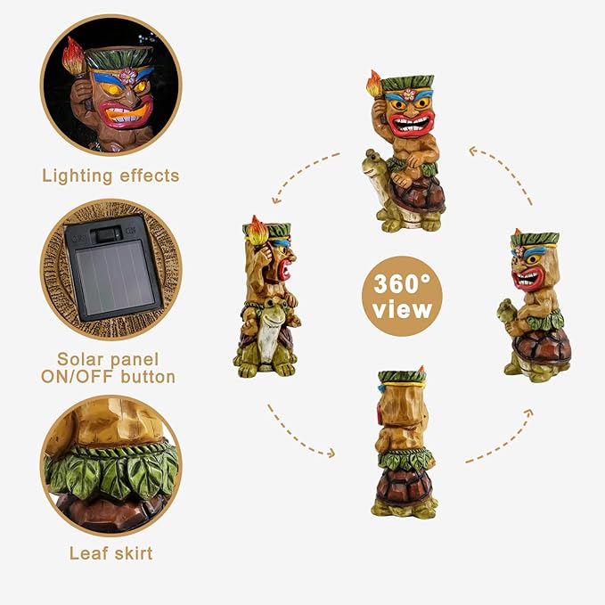 Solar Tiki Statue Light-Garden Turtles Outdoor Decor - Tiki Man Riding Turtle with Tiki Torch Solar Light for Tiki Bar Decorations, Patio, Balcony, Yard,Lawn,Gifts-VerdiqueGarden