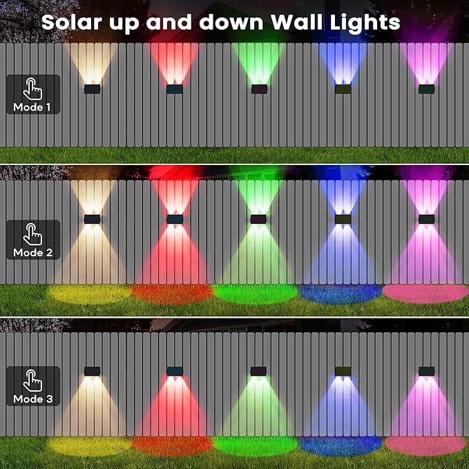 Fence Lights Solar Powered, 6-Pack Solar Fence Lights Up/Down Flexible Buttons, IP67 Waterproof for Outdoor, 120LM Bright, Auto Dusk to Dawn for Wall/Stairs/Yard/Railing/Deck/Pathway (White & RGB)-VerdiqueGarden