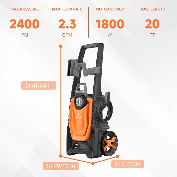 Giraffe Tools Electric Pressure Washer, 2400 PSI 2.3 GPM with 4 Quick-Connect Nozzles, 20FT Hose & Foam Cannon, Powerful Washer for Cars/Road/Driveways/Fences-VerdiqueGarden
