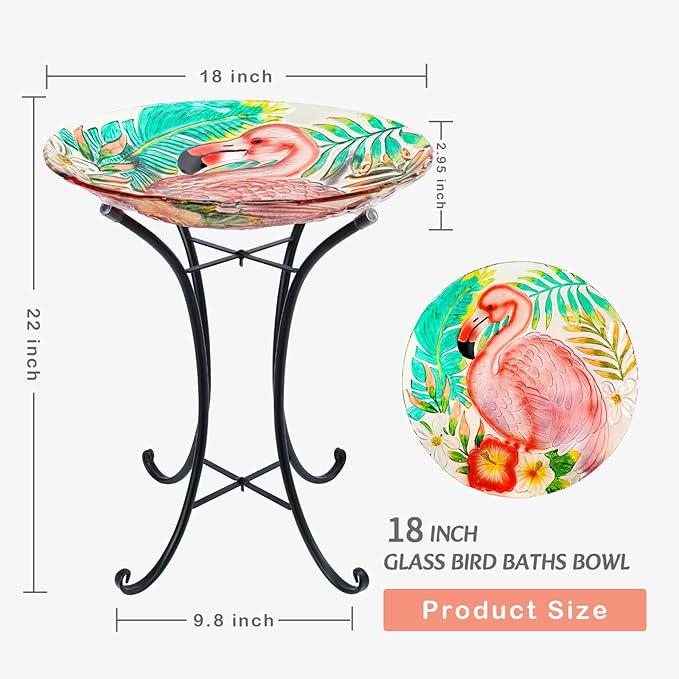 VCUTEKA 18" Outdoor Glass Birdbath with Sturdy Metal Stand for Lawn, Yard, or Garden Decor Bird Lovers Gift, Flamingo Bird Bath Detachable, 22" Height-VerdiqueGarden