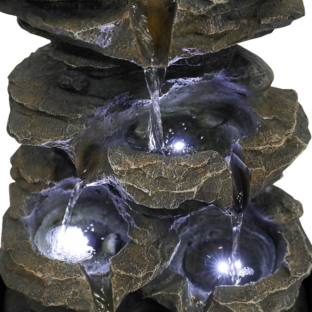 15.7” High Rock Falls Tabletop Water Fountain with LED Lights - Indoor 5-Tier Cascading Fountain for Home and Office Decor (Gray_3, 15.7" high)-VerdiqueGarden
