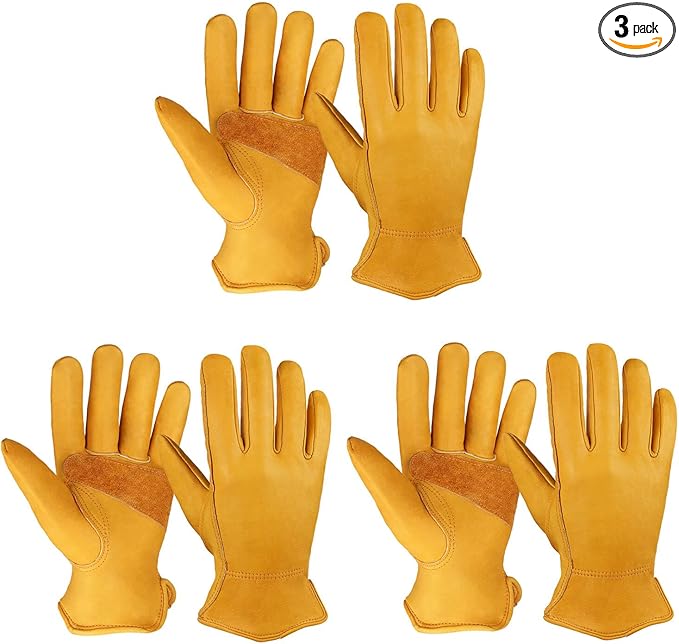 OZERO Leather Work Gloves: 3 Pairs Heavy Duty Work Glove Tough Cowhide Driver Gloves for Construction Gardening Yard Work Truck Driving Farming DIY Gold Medium-VerdiqueGarden