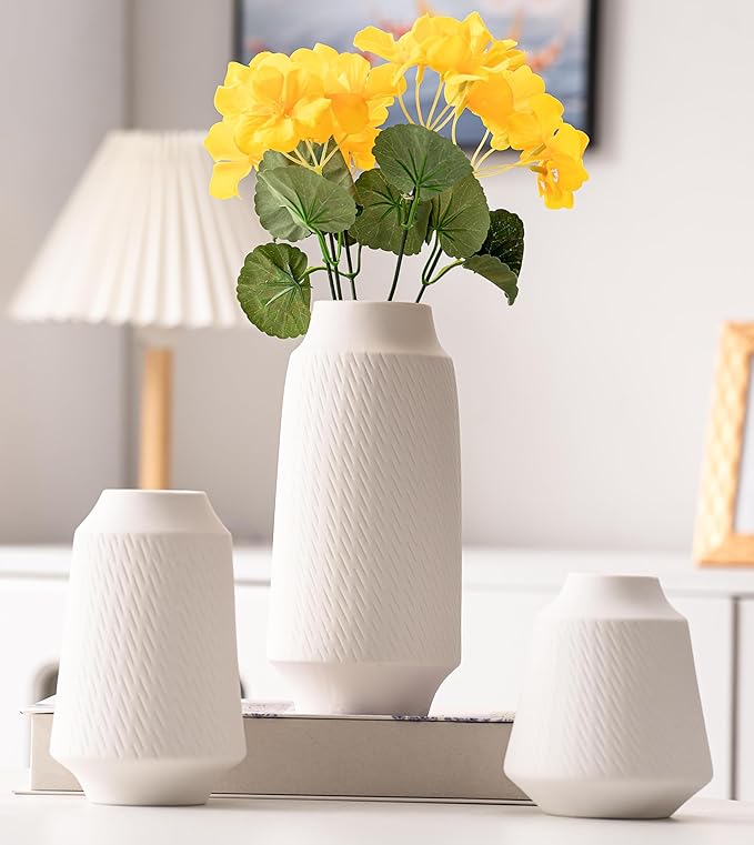 Ceramic Vase Set of 3, Modern Multicolor Pattern Flower Vases for Home Decor, Office, Centerpieces, Boho Farmhouse Style (White)-VerdiqueGarden