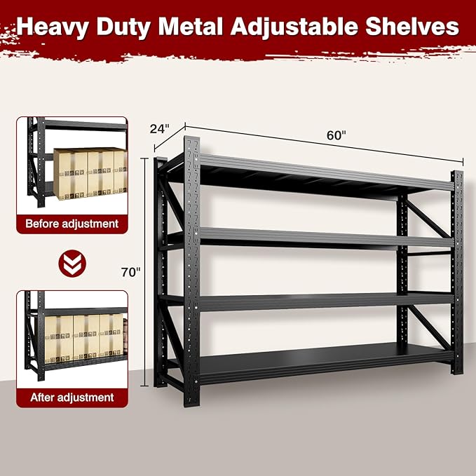 7000LBS Metal Steel Storage Shelves - 78.7" W Black 4 Tier Heavy Duty Rack Commercial Industrial Shelving with Adjustable Shelf for Basement Garage Warehouse - 78.7" W x 24" D x 78.7" H-VerdiqueGarden