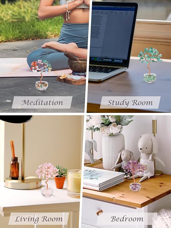 Jovivi Small Rose Quartz Crystal Tree, Natural Crystal Healing Stones Tree Glass Bowl Base Gemstone Money Trees Feng Shui Good Luck Home Desk Decor-VerdiqueGarden