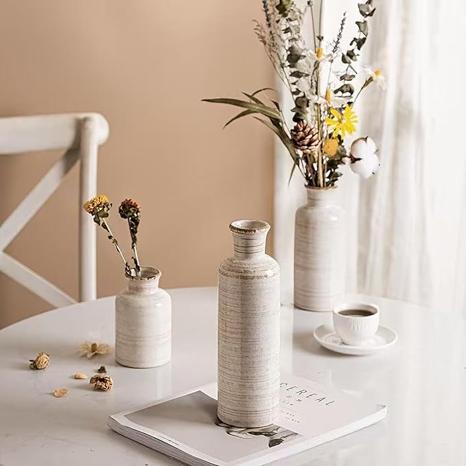 Ceramic Vase Set of 3,Modern Small Vase for Flowers,Rustic Vintage Ceramic Flower Vases for Home Decor,Decorative Vases for Table Centerpiece,Bookshelf,Fireplace and Entryway-VerdiqueGarden