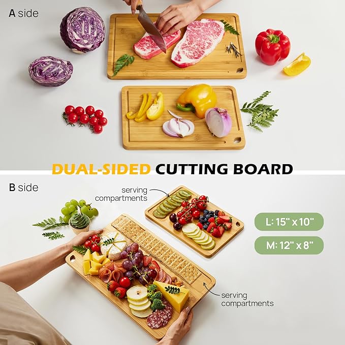 Chopping Board Duo 2-Pcs Natural Bamboo With Juice Channels & Knife-Friendly Finish For Versatile Kitchen Use, Ideal Charcuterie & Chopping Multi-Use-VerdiqueGarden