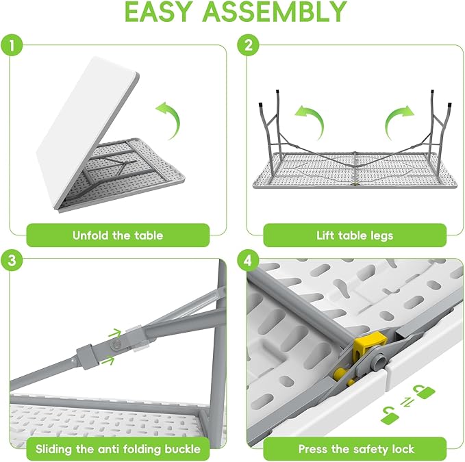 HLPB Folding Table Picnic Table 2 Pcs, 6 ft Portable Camping Table with Handle and Safety Locks, Foldable Table Plastic Dining Table Indoor Outdoor for Camping, Picnic and Party-VerdiqueGarden