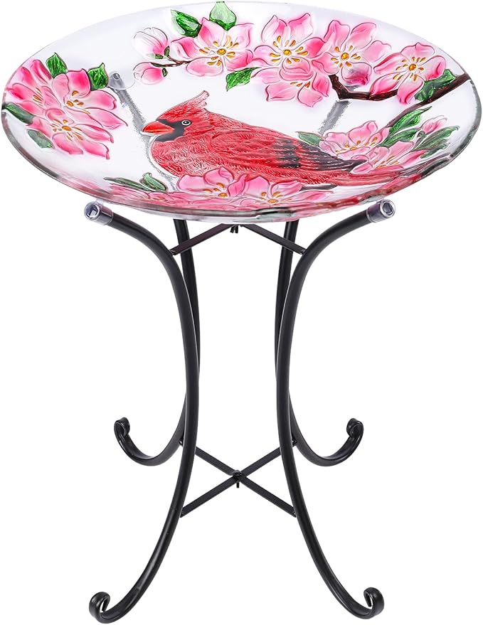 VCUTEKA Bird Baths for Outdoors, Glass Bird Bath with Metal Standing for Garden, Yards Patio Décor, Bird Lovers Gift, Cardinal Glass Birdbath Detachable (22" H * 18" W)-VerdiqueGarden