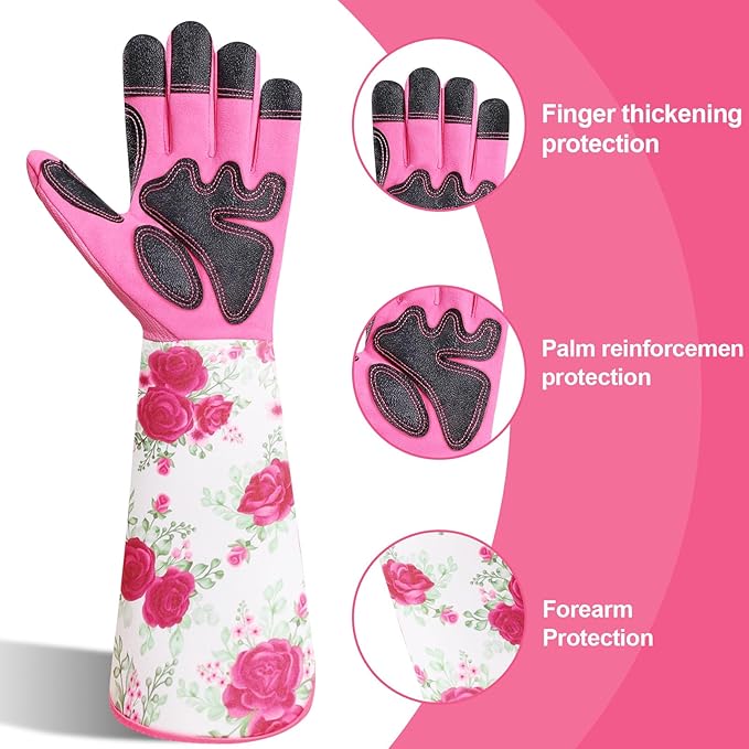 DLY Gardening Gloves for Women, Rose Gloves Gardening Thorn Proof, Long Garden Gloves for Women, Breathable & Durable Leather Gauntlet(Medium, Rose Red)-VerdiqueGarden