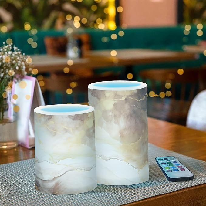 Flickering Flameless Candles, Brown White Marble LED Candles with Remote Timer, Set of 2 Battery Operated Candle for Valentine Wedding Birthday-VerdiqueGarden