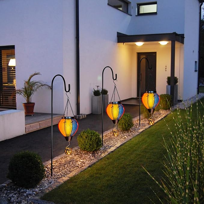 Hot Air Balloon Solar Lantern with Flickering Flame, Hanging Solar Lantern Metal Outdoor Waterproof Lights for Garden Yard Porch Patio Decorations Christmas Gifts (Multi-Colored Glass)-VerdiqueGarden