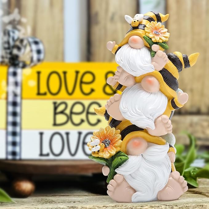 Hodao Summer Bee Gnome Decorations Indoor Home Table Decor Cute Stacked Bee Gnome Figurines Gifts -Swedish Dwarf Elf Figurines Summer Garden Honey Bees Gnomes Decorations (Bee1)-VerdiqueGarden