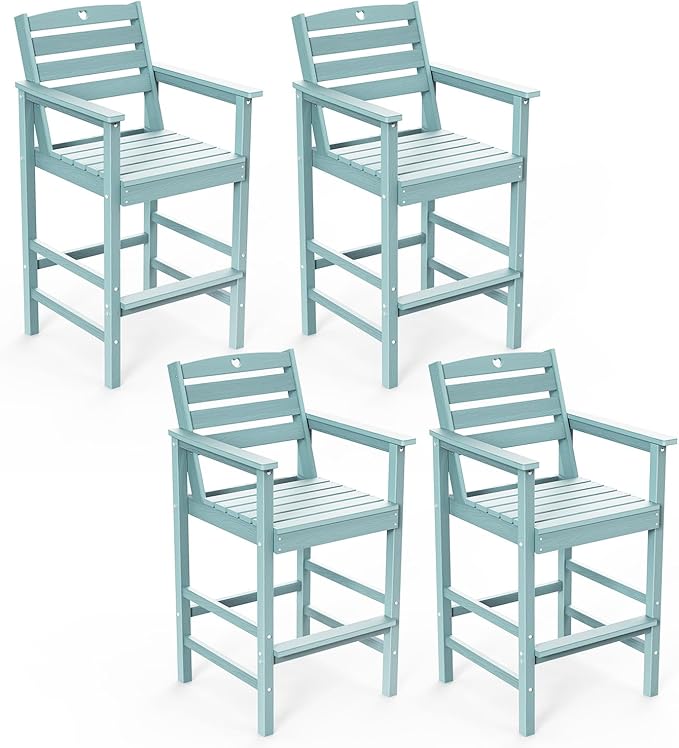 Tall Adirondack Chairs Set of 4, HDPE Wood Balcony Adirondack Chairs Set with Heart Cutout Design, Weather-Resistant Bar Height Furniture for Deck, Porch, Pool (Light Blue)-VerdiqueGarden