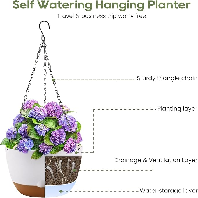 10 Inch Hanging Planter, 2 Pack Hanging Plastic Plant Self Watering Pot with Drainage Holes and Saucers, Hanging Baskets Flower Pots for Indoor Outdoor Garden Plants and Flowers-White-VerdiqueGarden
