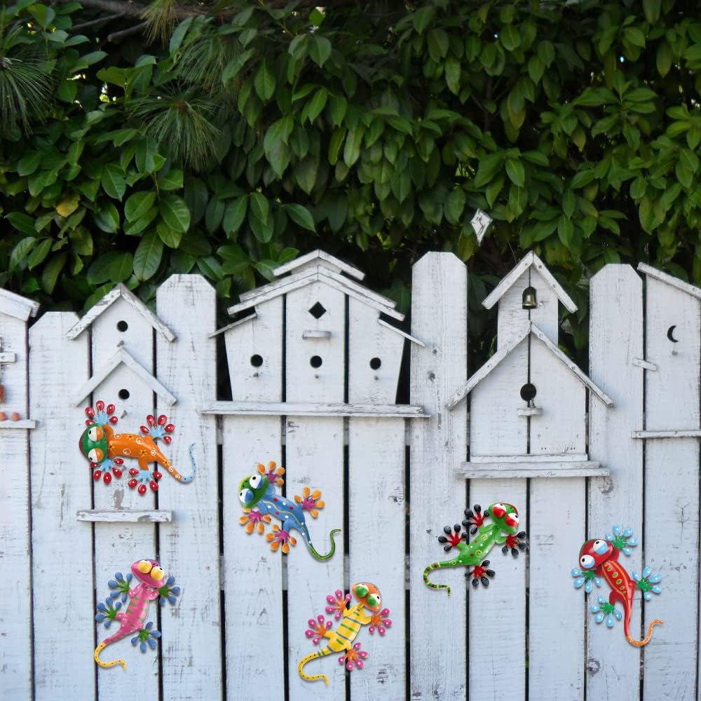hogardeck Metal Gecko Outdoor Wall Decor, 6 Pack Lizard Wall Art Garden Sculptures & Statues with Free-adjustable Head Outdoor Spring Decor for Front Yard Fence Patio-VerdiqueGarden