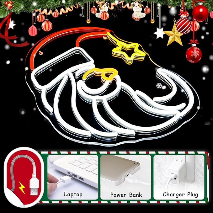 Moon Christmas Santa Neon Sign,Cute Anime Neon Light,Moon Star Neon Sign for Wall Decor,Red Christmas Hat USB Neon Light Sign for Party Store Living Room Bar Door Kids Bedroom Christmas Gift-VerdiqueGarden
