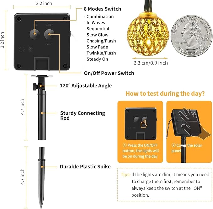 Solar Moroccan String Lights Outdoor 60 LED 36 Ft Globe Fairy Lights with 8 Lighting Modes, Waterproof Solar Powered String Lights for Garden Yard Gazebos Camping Party Holiday (Warm White)-VerdiqueGarden