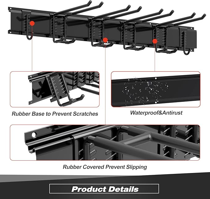 Garage Tool Storage Rack, Heavy Duty Garage Storage Organizer Rack System Wall Mounted Tool with 6 double hooks, 2 rails, Garden Yard Tools Hanger Rack for Ski Gears, Broom, Rake,Shovel-VerdiqueGarden