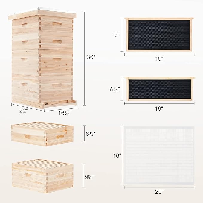 CREWORKS Bee Hive Boxes Starter Kit, Langstroth Beehive for Bee Keeping, 4 Layer Bee House with 20 Medium and 20 Deep Frames & Foundations, Beekeeping Supplies with Plastic Queen Excluder and Nails-VerdiqueGarden