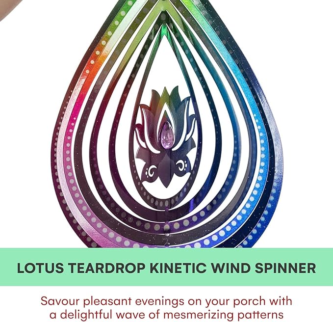 VP Home Lotus Teardrop Wind Spinner - 3D Metal Outdoor Hanging Lotus Decor for Garden and Yard - Kinetic Wind Spinners with S-Hook, Durable Weather-Resistant Steel - 8.5 x 15 Inches-VerdiqueGarden