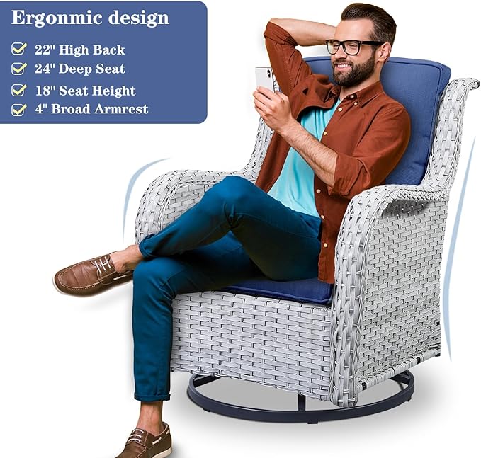 Outdoor Swivel Rocker Patio Chairs Set of 3,High Back Swivel Patio Chairs Wicker Furniture Set,2 PCS Rattan Swivel Rocking Chair with Side Table,Light Grey Wicker (A089-2)-VerdiqueGarden