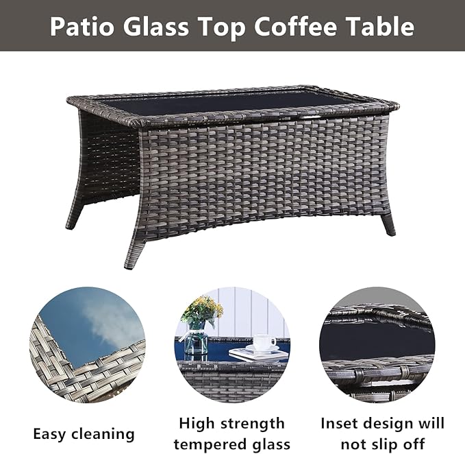 Wicker Patio Furniture Sets - 8 Piece Outdoor Rattan Furniture Conversation Sets with 4 Swivel Rocker Chairs, Rattan Sofa, Wicker Ottomans and Coffee Table, Mixed Grey/Grey-VerdiqueGarden