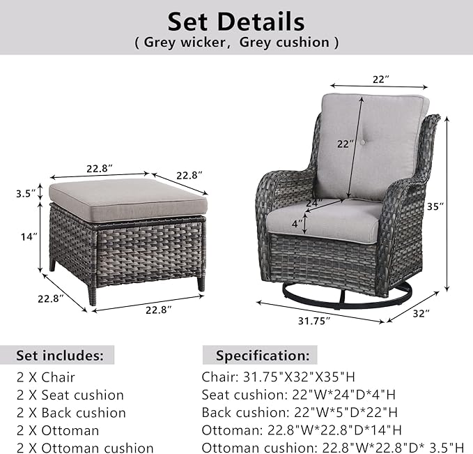 4 Pieces Patio Furniture Sets, Wicker Patio Swivel Glider Chair with Ottomans, Outdoor Furniture Set for Outside Porch, Deck, Balcony, Garden-VerdiqueGarden