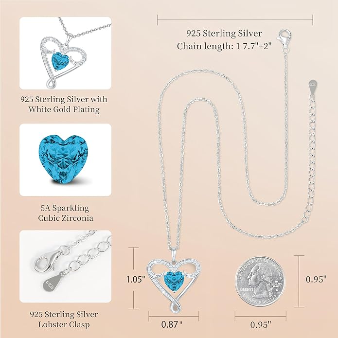 Infinity Necklace for Women, 925 Sterling Silver Heart Necklace with 5A Zircon, White Gold Plated Adjustable Chain, Gift for Valentine's Day, Birthday, Anniversary for Wife, Girlfriend, Mom